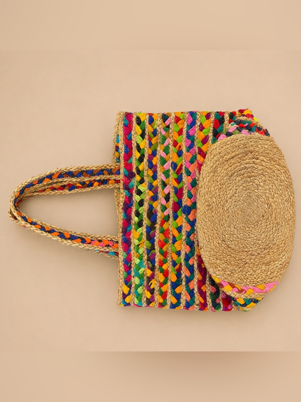 Hand Woven Colorful Market Tote Basket Bag Boho Summer Beach Shopper - Picture 4 of 4